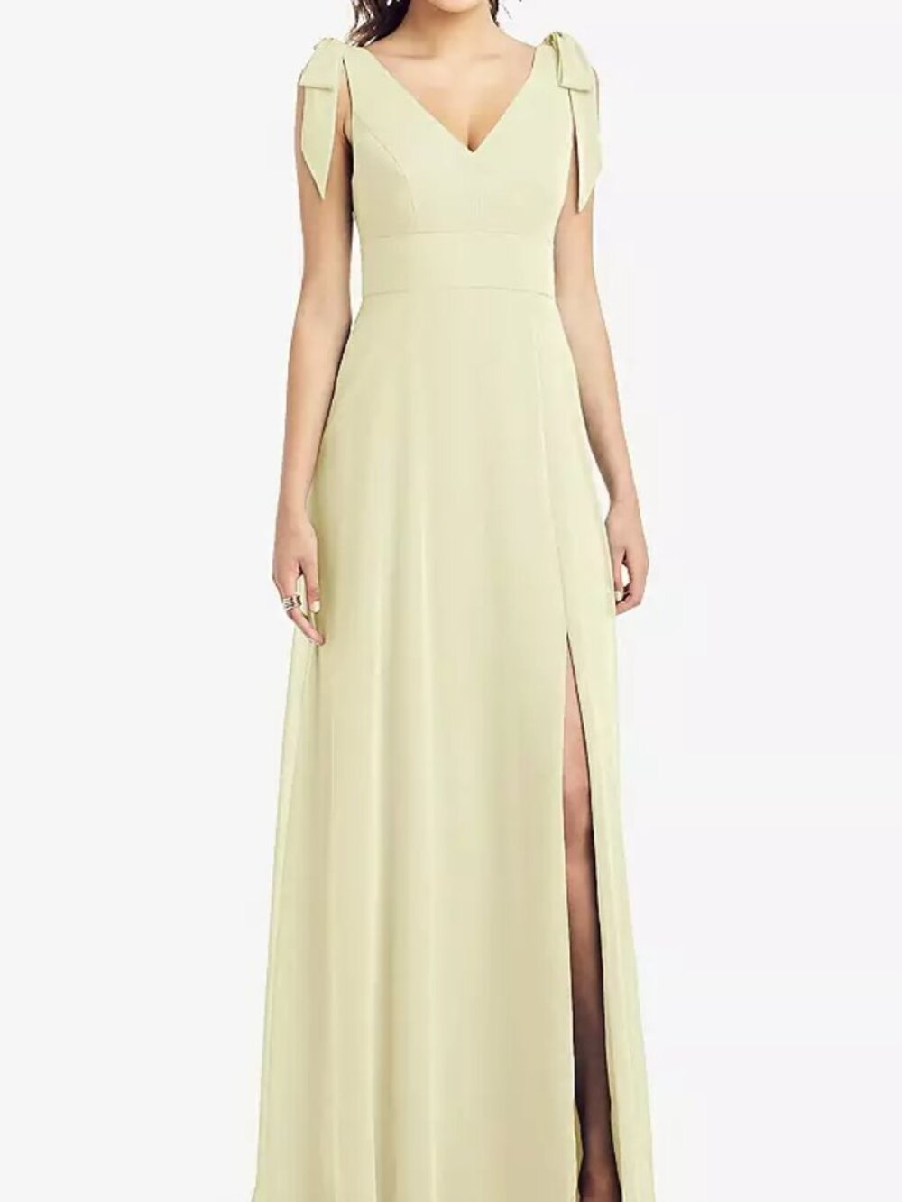 Thread Bow-Shoulder V-Back Chiffon Gown with Front Slit